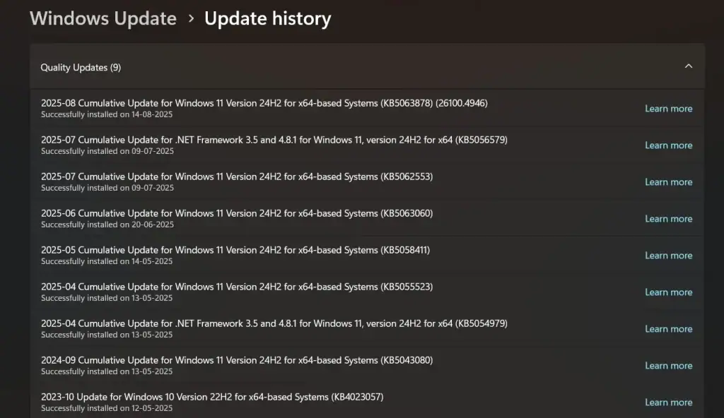 find windows update history