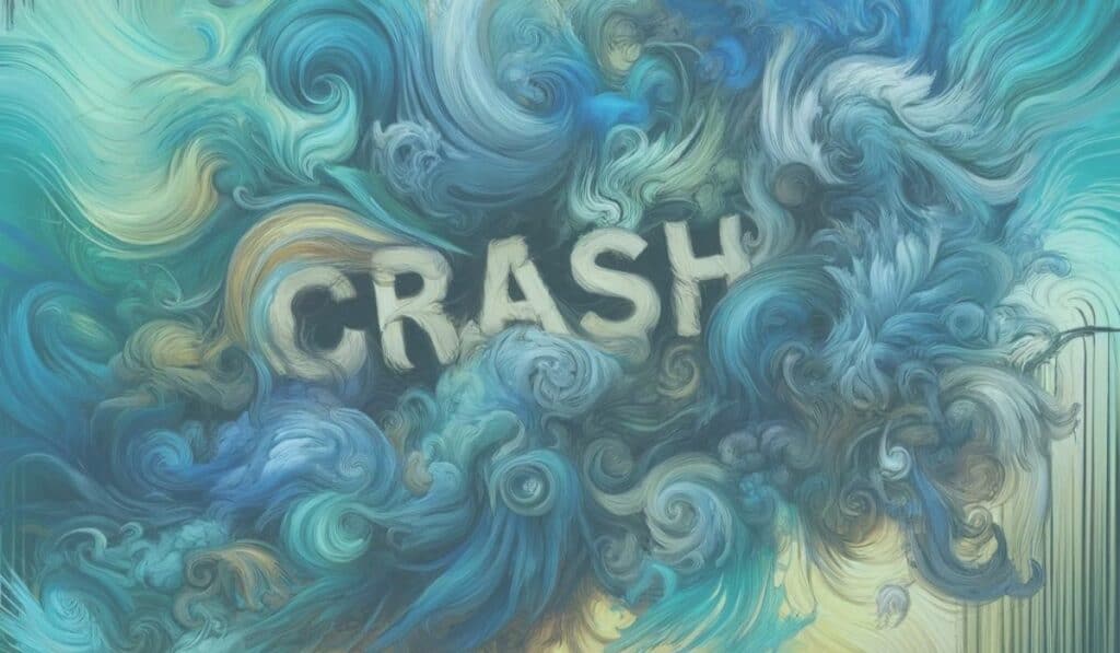 Das Bild stellt visuell den Begriff „Crash“ dar, der von intensiven, geschwungenen und turbulenten Farbwellen in Blau-, Grün- und Gelbtönen umgeben ist. Diese Wirbel symbolisieren die überwältigende Erschöpfung und die chaotischen körperlichen und mentalen Auswirkungen eines "Crashs" bei Post-Exertional Malaise (PEM), wie sie bei Long COVID und ME/CFS auftreten. Die lebhaften, dynamischen Farben und Formen verstärken das Gefühl von Desorientierung und Überforderung, das viele Betroffene nach einer zu hohen Belastung empfinden.