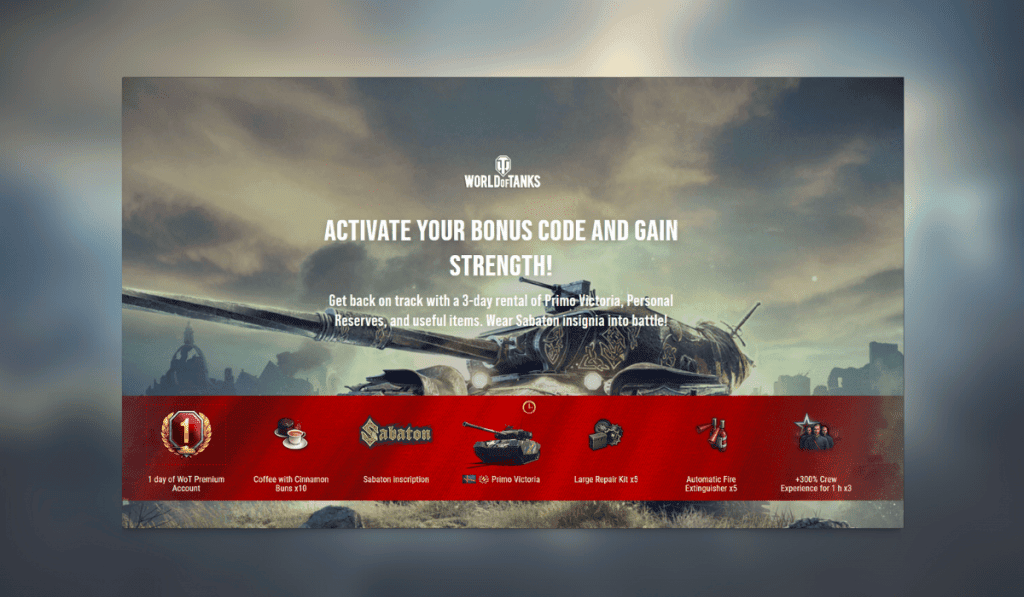 Get back on track with a 3-day rental of Primo Victoria, Personal Reserves, and useful items. Wear Sabaton insignia into battle!