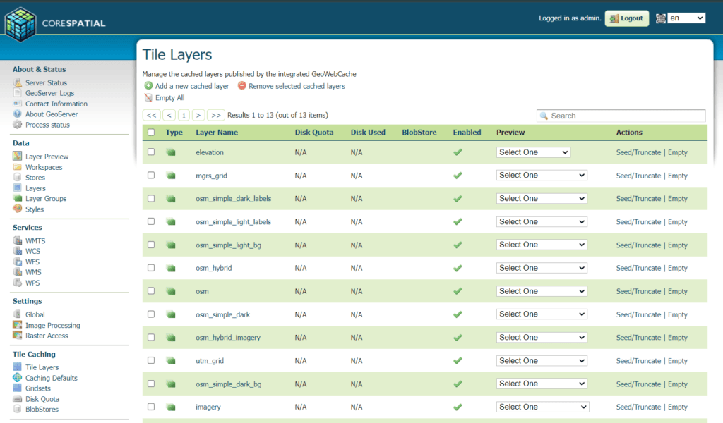 main page of CoreSpatial Server (GeoServer) admin site