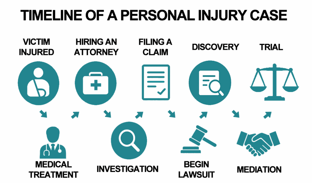 Timeline infographic showing the personal injury case process from victim injury through trial, created by The Miller Law Firm – The Texas Bulldog in Houston, Texas.