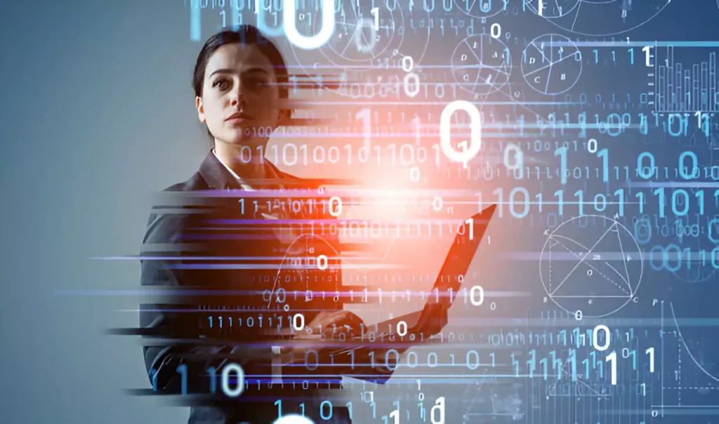 A woman holding a laptop in front of a bunch of numbers.