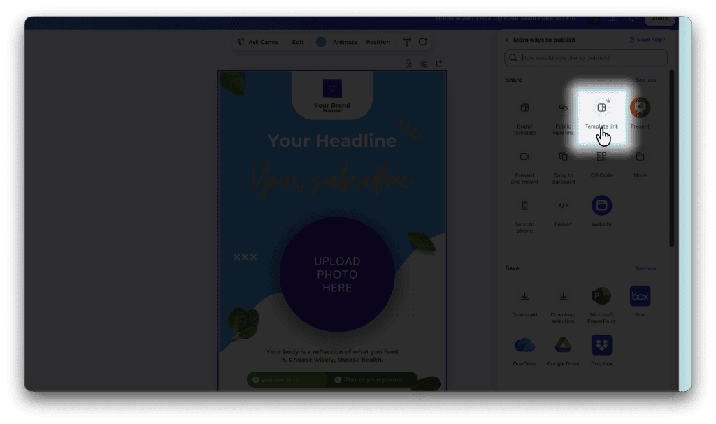 Click Share → See All → Template Link. This is the link your buyers will use — not the regular share link