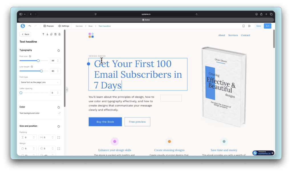 The drag and drop editor — click any element to edit it. Make sure your Buy button action is set to go to the next step