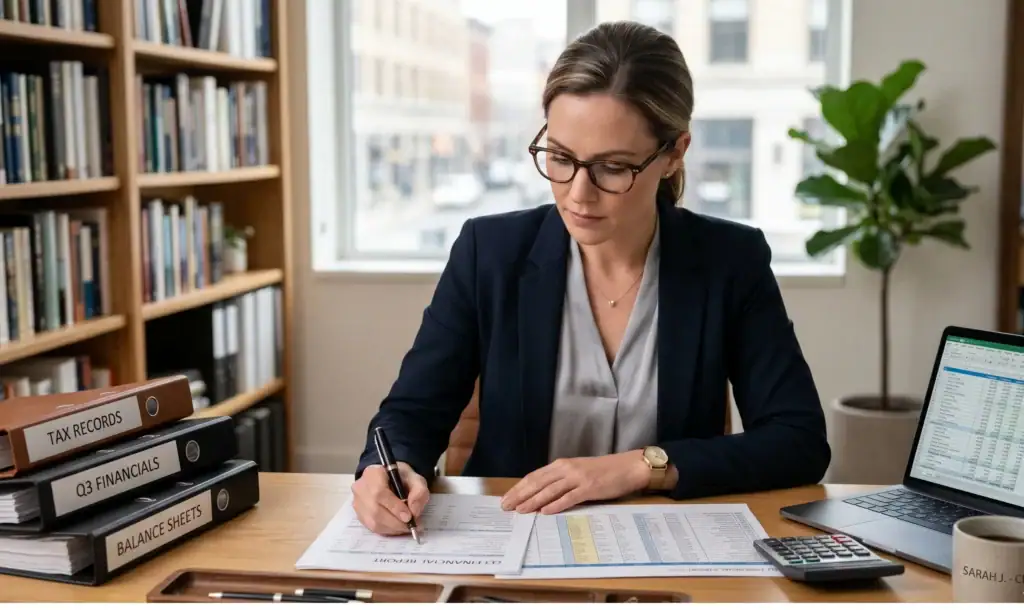 Bookkeeper analyzing financial reports, balance sheets, and tax documents.
