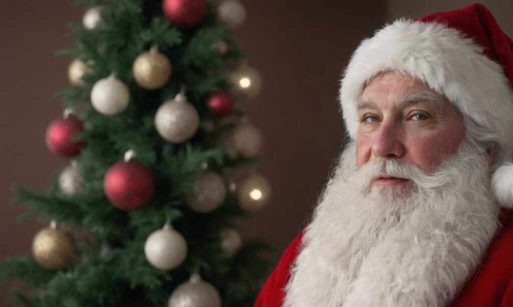 papa noel con un arbol de navidad de fondo