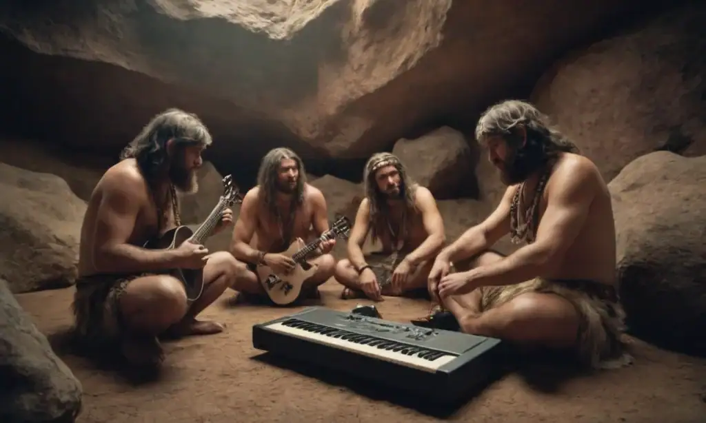 cavernícolas haciendo musica