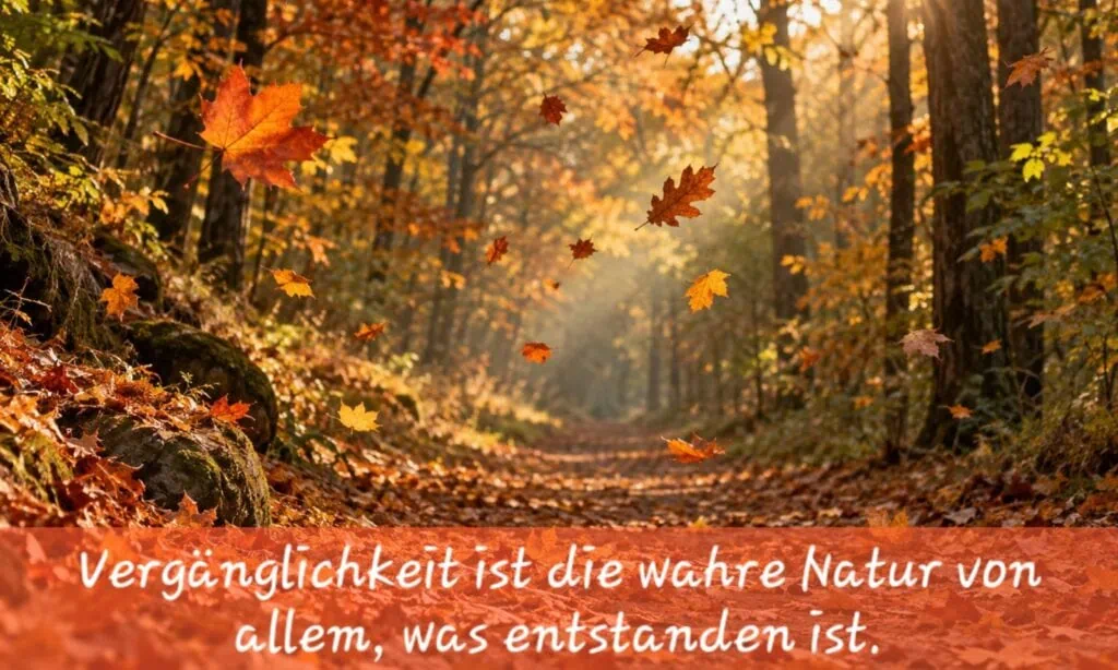 Herbstwaldweg mit fallenden Blaettern und Sonnenstrahlen, Zitat: Die Vergänglichkeit ist wahre Natur von allem