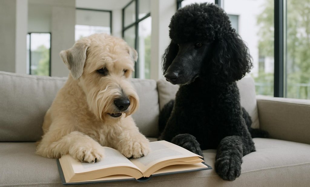Ein Irish Soft Coated Wheaten Terrier und ein schwarzer Großpudel liegen auf der Couch und lesen ein Buch (Blog). 