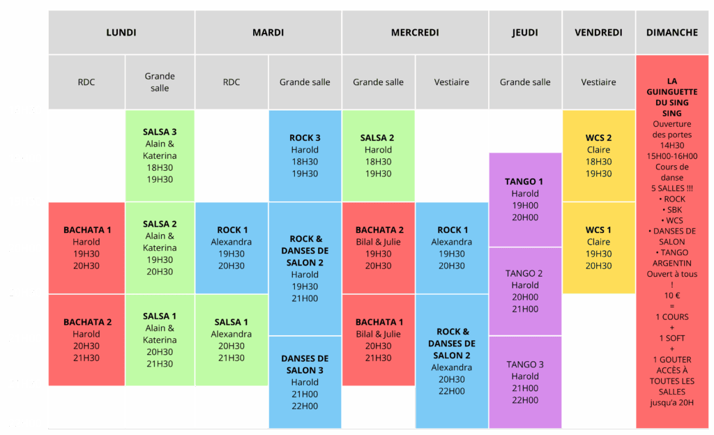 Planning hebdomadaire des cours de danse de l'école Harold Paturet, tous niveaux.