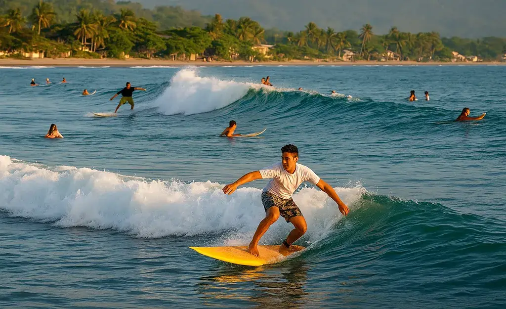 Surfers riding waves at Sabang Beach, La Union, Luzon.