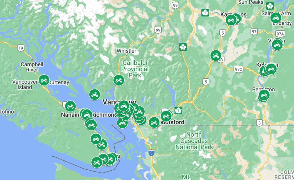 Map of motorcycle shops in BC