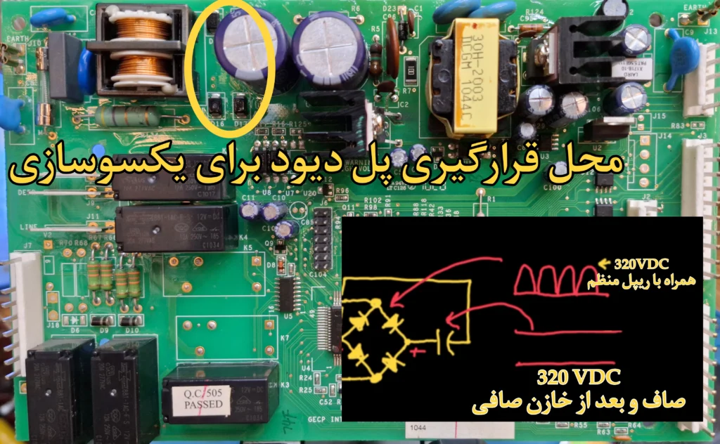 ولتاژ خروجی از پل دیود و خازنهای صافی در یخچال جنرال الکتریک مدل پروفایل