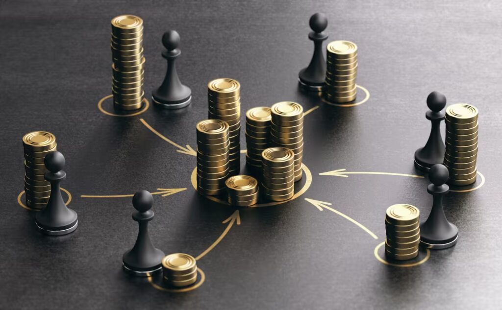 Estrategia de inversión y financiamiento empresarial con ejecutivos analizando proyectos de negocio y crecimiento económico.