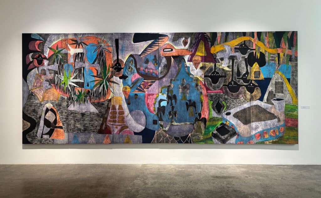 Large abstract painting on a gallery wall, featuring vivid colors and geometric shapes, evokes the dynamic energy of Miami Art Week 2025 with overlapping blues, reds, yellows, and greens forming a complex composition.