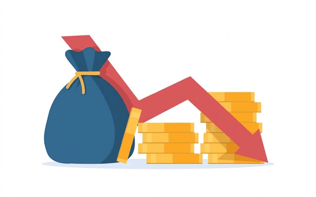 Illustration of a falling investment with a money bag and declining stacks of coins, showing the risk of throwing good money after a bad investment.