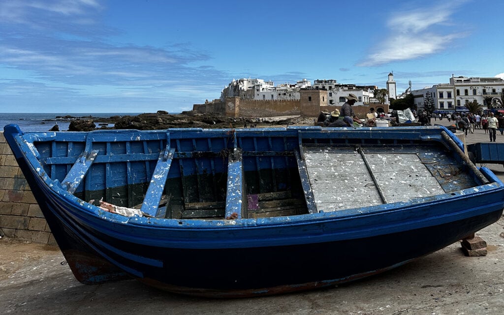 bright blue fisher boat in essaouira morocco