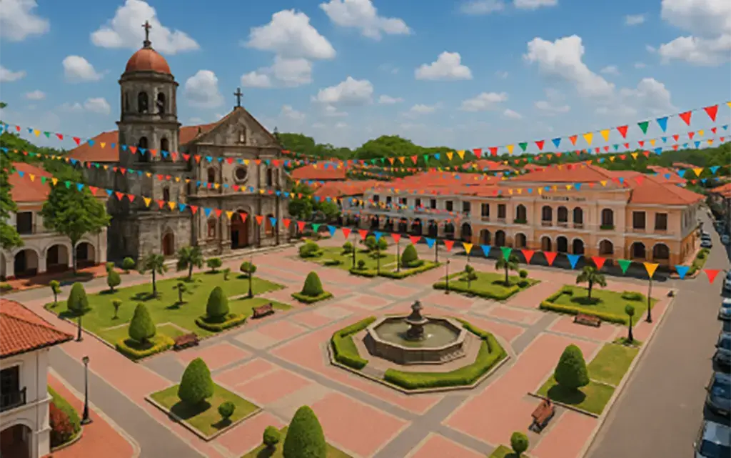 Spanish-style town plaza in the Philippines – central feature of colonial-era urban planning.