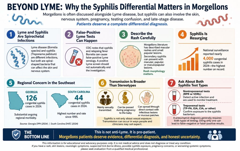 Infographic explaining why syphilis belongs in the differential diagnosis for Morgellons patients, including Lyme and syphilis as spirochetal infections, false-positive Lyme testing, rash morphology, congenital syphilis trends, Southeast regional data, transmission routes, and the need for both syphilis test types.