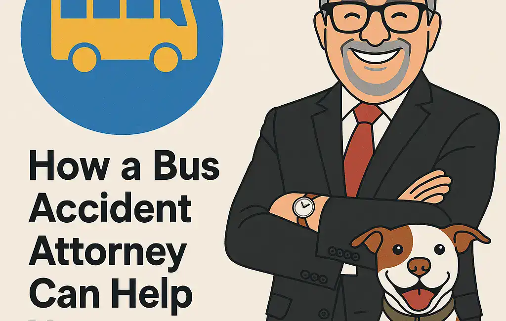 Illustration of Houston bus accident attorney Adam with McLovin the Texas Bulldog mascot