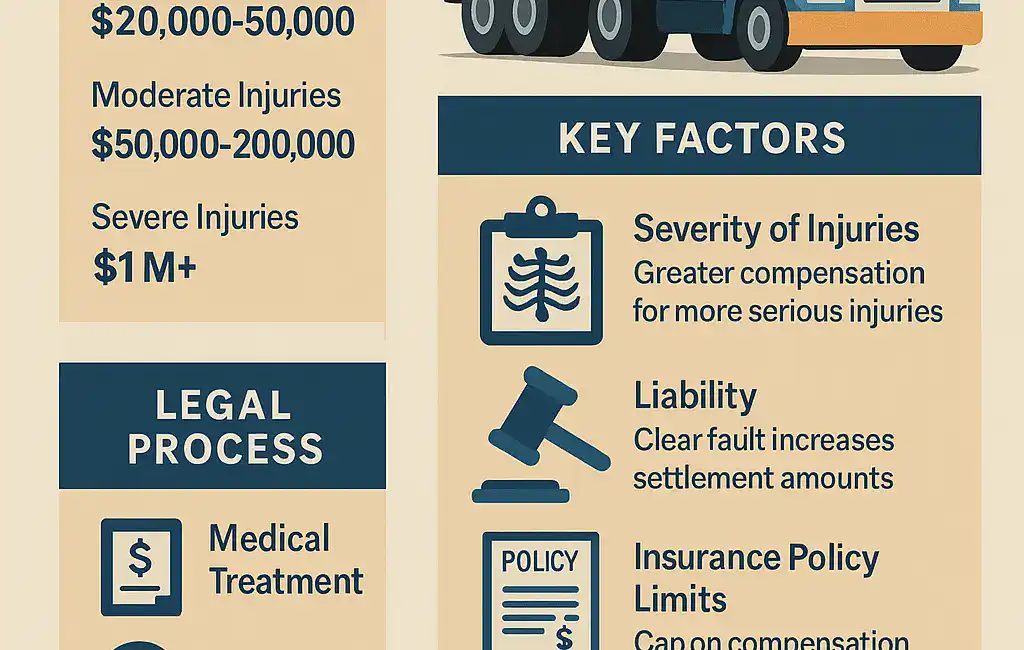 Texas truck accident settlement guide infographic showing settlement ranges, calculation factors, and legal process steps.