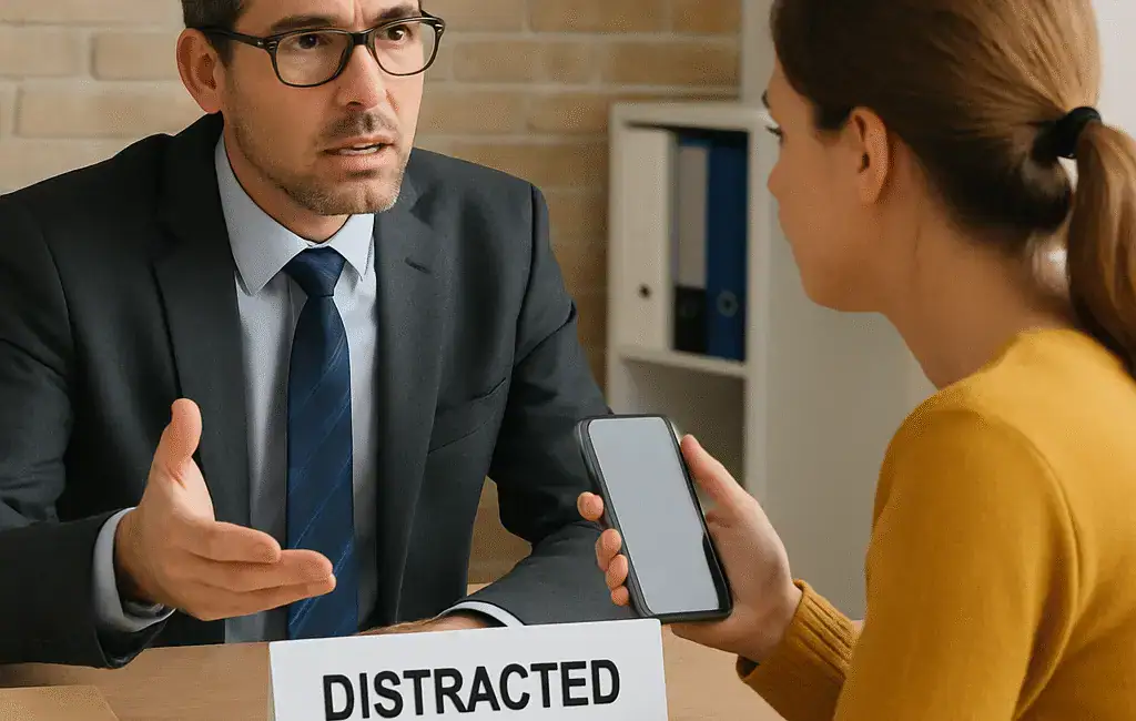 Houston distracted driving accident lawyer meeting with injured client about case strategy