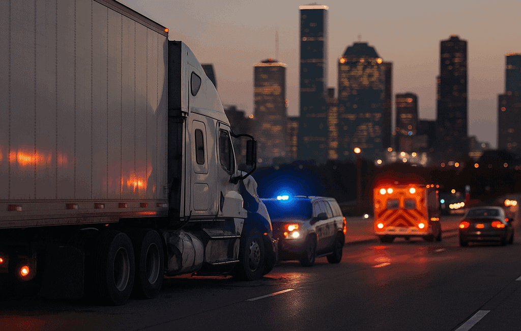 Commercial truck crash scene in Houston with 18-wheeler and emergency response.