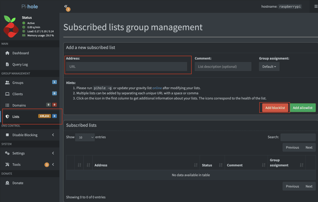 Pi-hole adlist configuration page for adding a blocklist URL