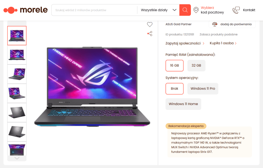 Przykład tekstowego konfiguratora produktu w sklepie Morele.net.