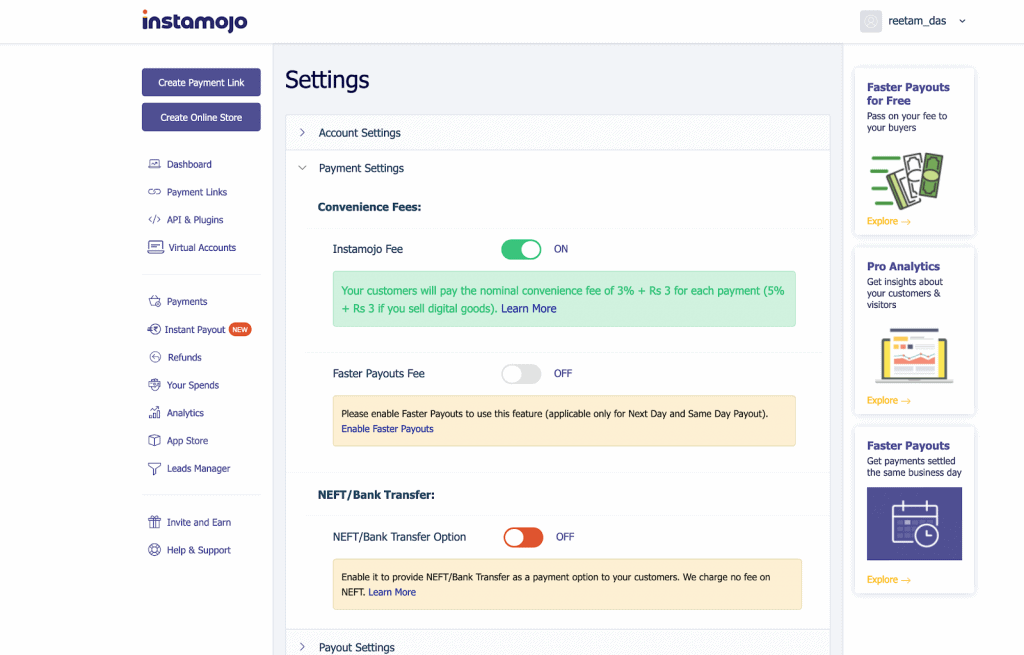 convenience fee new rate instamojo