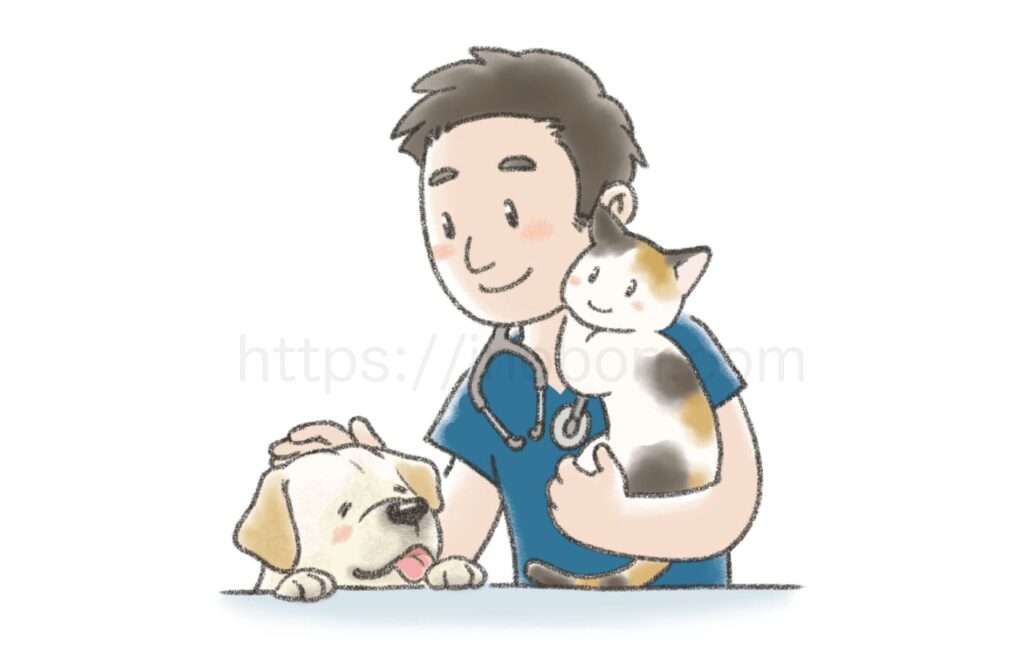 優しそうな男性の獣医師に抱っこされた猫、嬉しそうに頭を撫でてもらう犬、リラックスした様子のイラスト