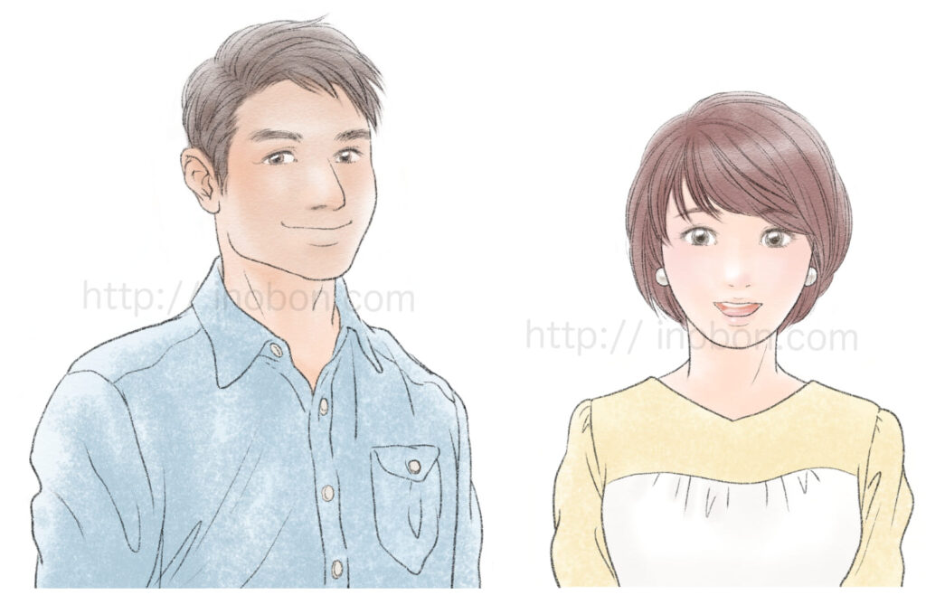 青いデニムシャツを着た男性とショートヘアの若い女性