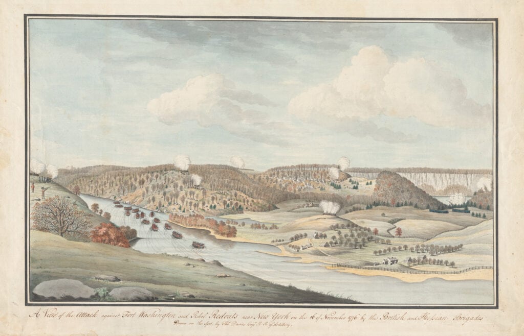 A view of the attack against Fort Washington and rebel redouts near New York on the 16 of November 1776 by the British and Hessian brigades. Drawing by Thomas Davies, ca. 1776-1812. Credit: The New York Public Library