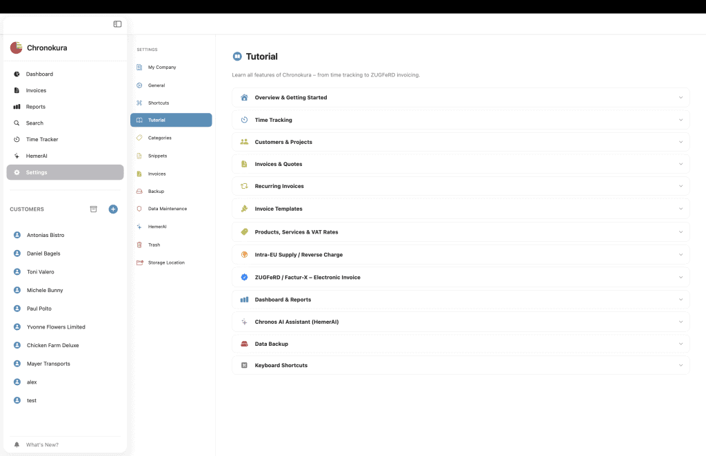 Chronokura Mac app settings and tutorial view showing categories, snippets, backup, storage location, ZUGFeRD, HemerAI and keyboard shortcuts