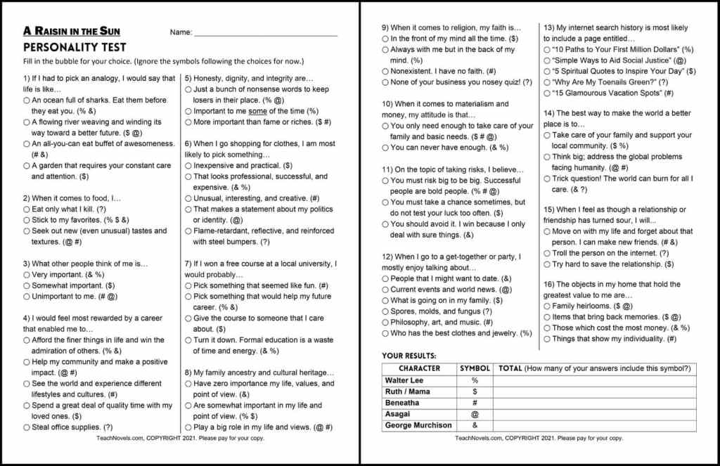 Personality Test A Raisin in the Sun Project