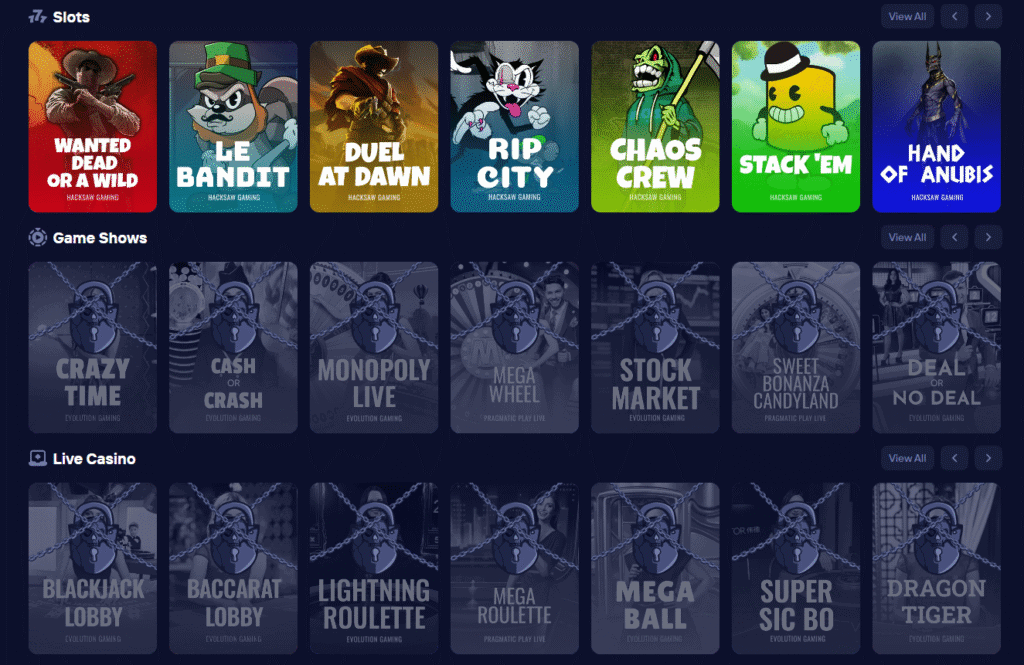 Duel.com casino homepage showing featured games and game categories