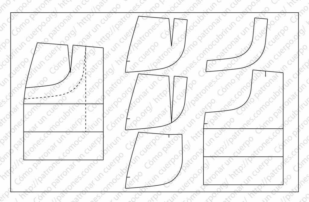 Patrón del delantero de la falda tejana con dibujo del bolsillo revólver, fondo de bolsillo y línea de pulido antes del despiece