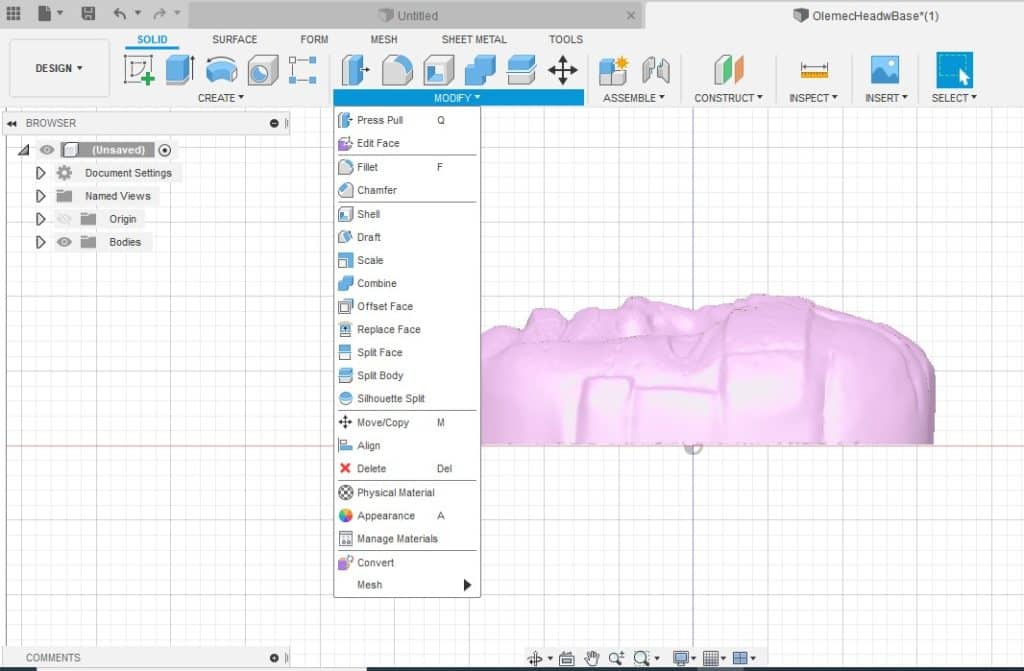 modify option drop down menu in fusion 360