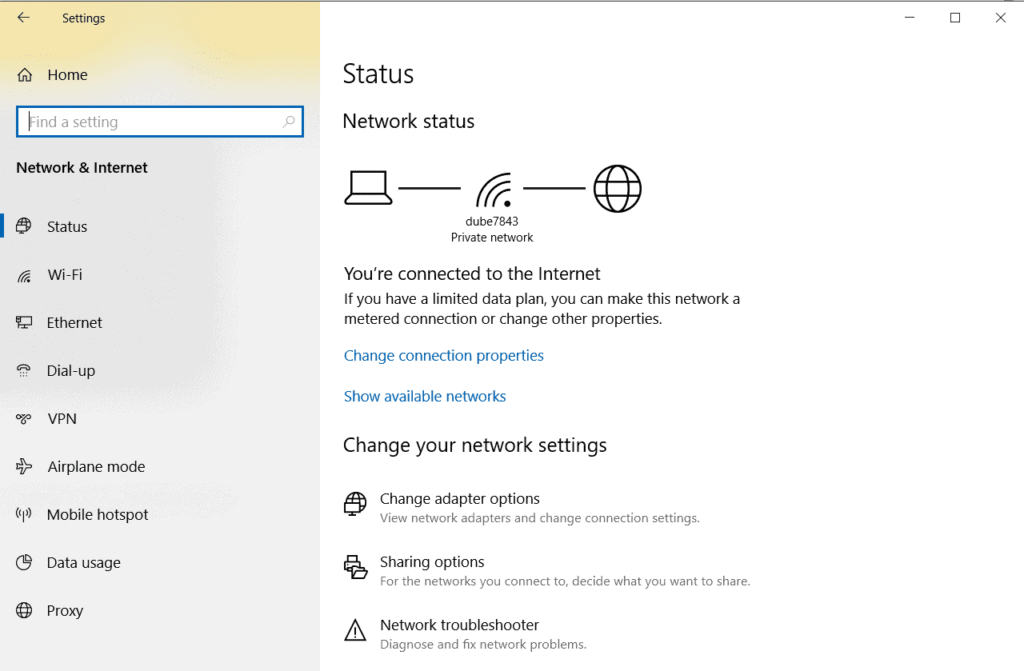 network and internet settings windows 10