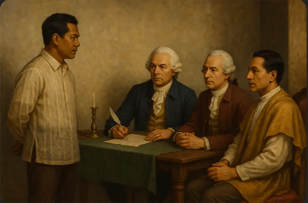 Spanish colonial officials in the Philippines wearing traditional political fashion.