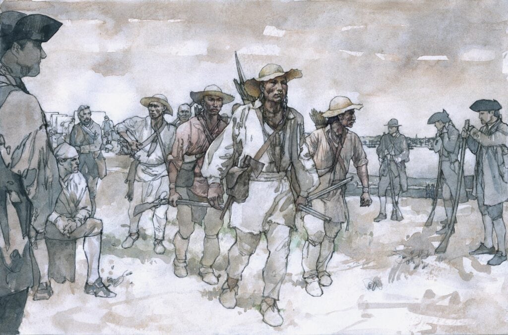 Watercolor of Stockbridge Native Americans at Cambridge Soldier Camp in 1775, illustration by Wood Ronsaville Harlin, Inc
