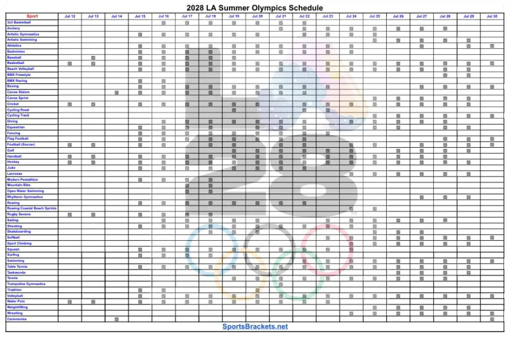 Printable 2028 Summer Olympics Schedule - Sports Brackets 2028 LA Olympics: