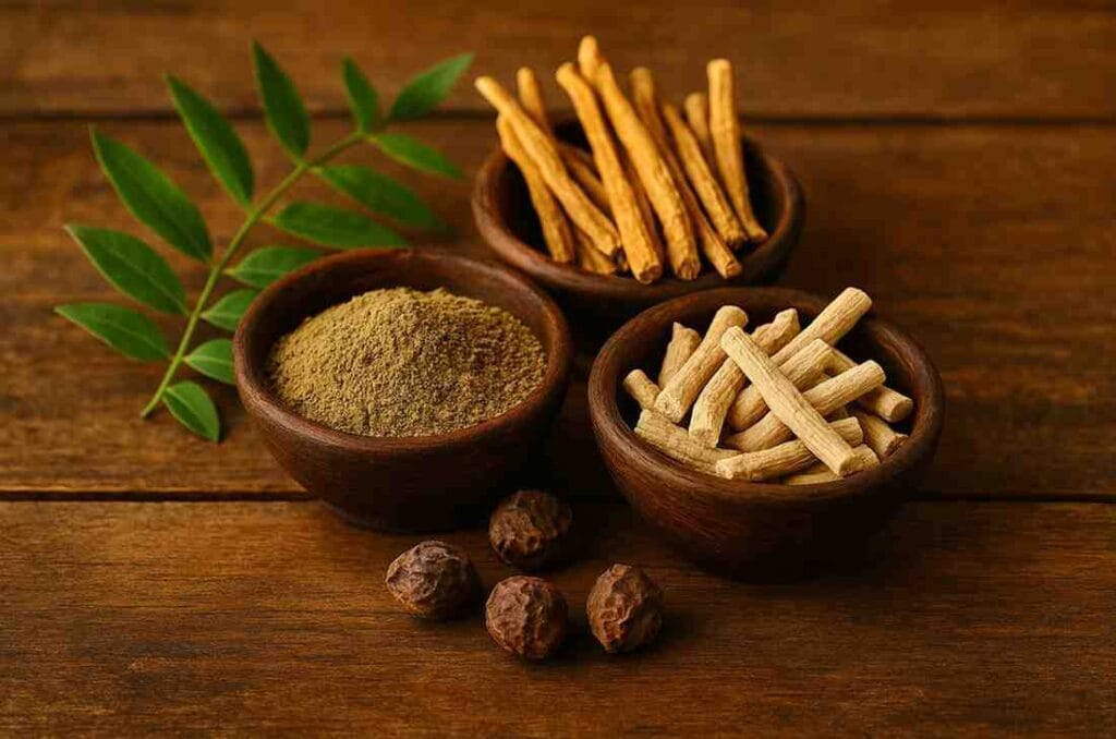 Ayurvedic herbs for menopause including Shatavari, Ashwagandha, and Triphala in wooden bowls