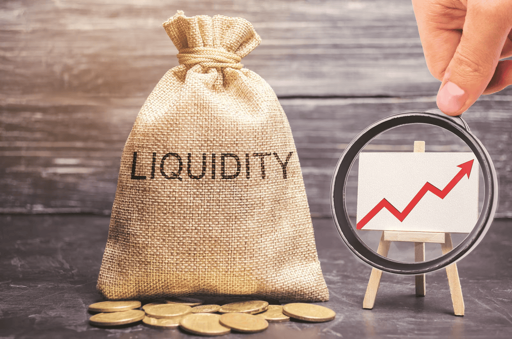 money bag labeled 'LIQUIDITY' next to a hand holding a magnifying glass over an upward trending growth graph representing excess liquidity.