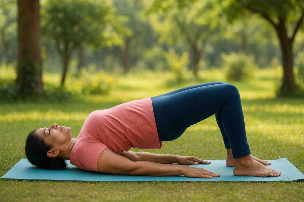 Middle-aged woman practicing bridge pose yoga for menopause relief in a park