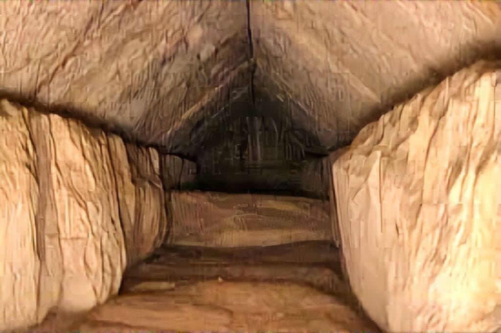 Forbidden chamber beneath the Great Pyramid of Giza, sealed for millennia and potentially holding ancient Egyptian mysteries.