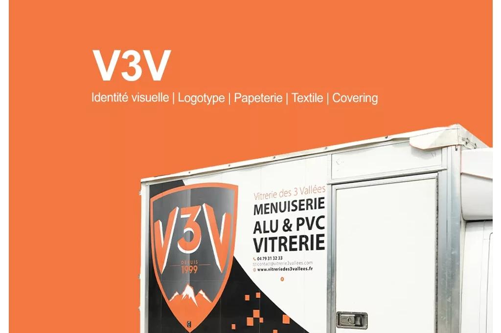 V3V vitrerie des 3 Vallées identité visuelle logotype logo papeterie textile covering Albertville Savoie