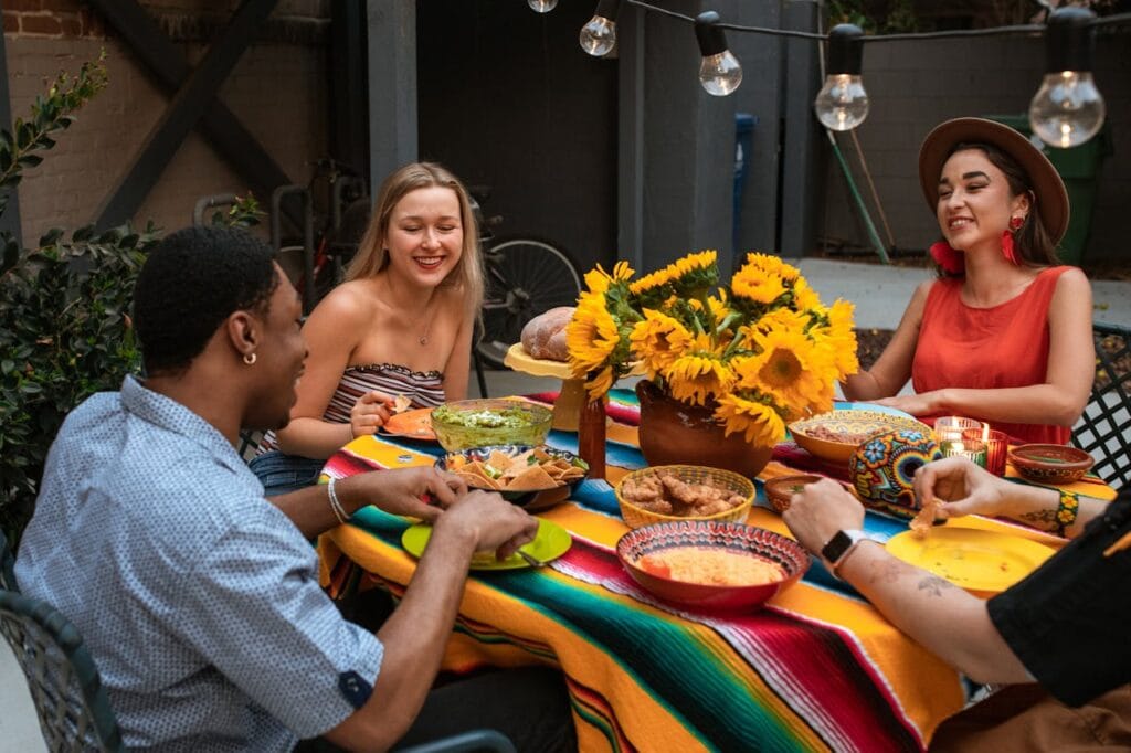 People Eating while Talking Together