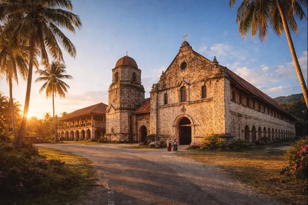 Lazi Church and Convent in Siquijor at golden hour with palm trees
