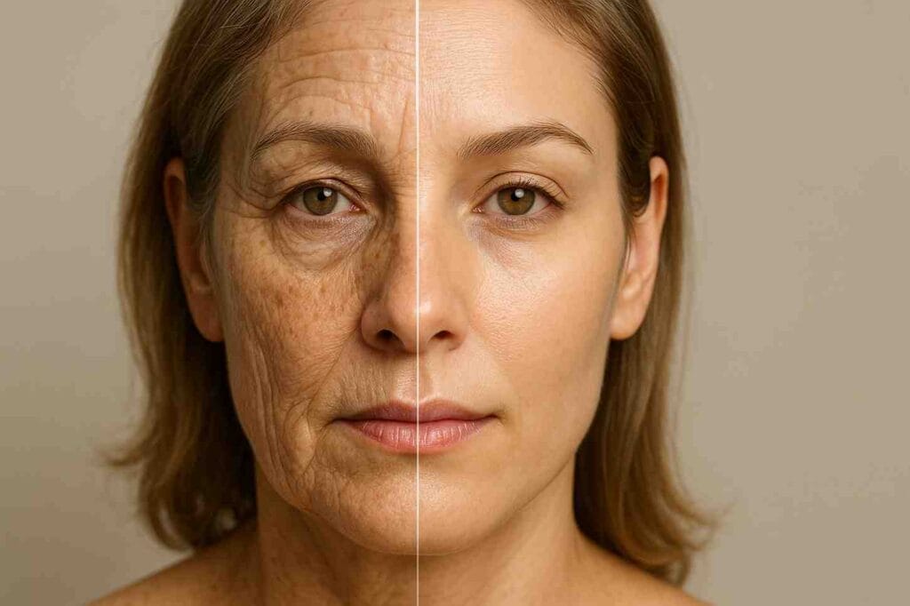 A woman’s face split in half showing visible signs of skin aging on one side with wrinkles and sunspots, and smooth, youthful skin on the other side – representing aging vs prevention.